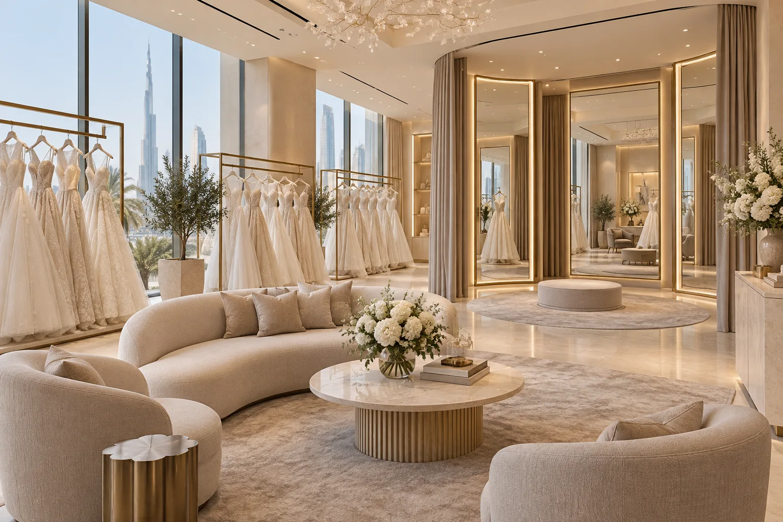 Illustrative Elegant bridal boutique with wedding gowns on widely spaced rails