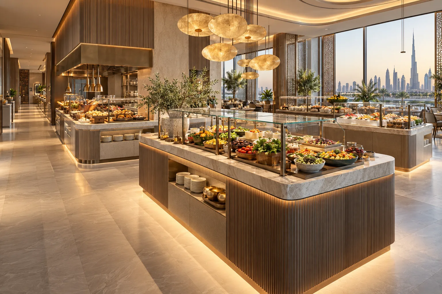 Illustrative Upscale hotel restaurant buffet area with separate food display islands