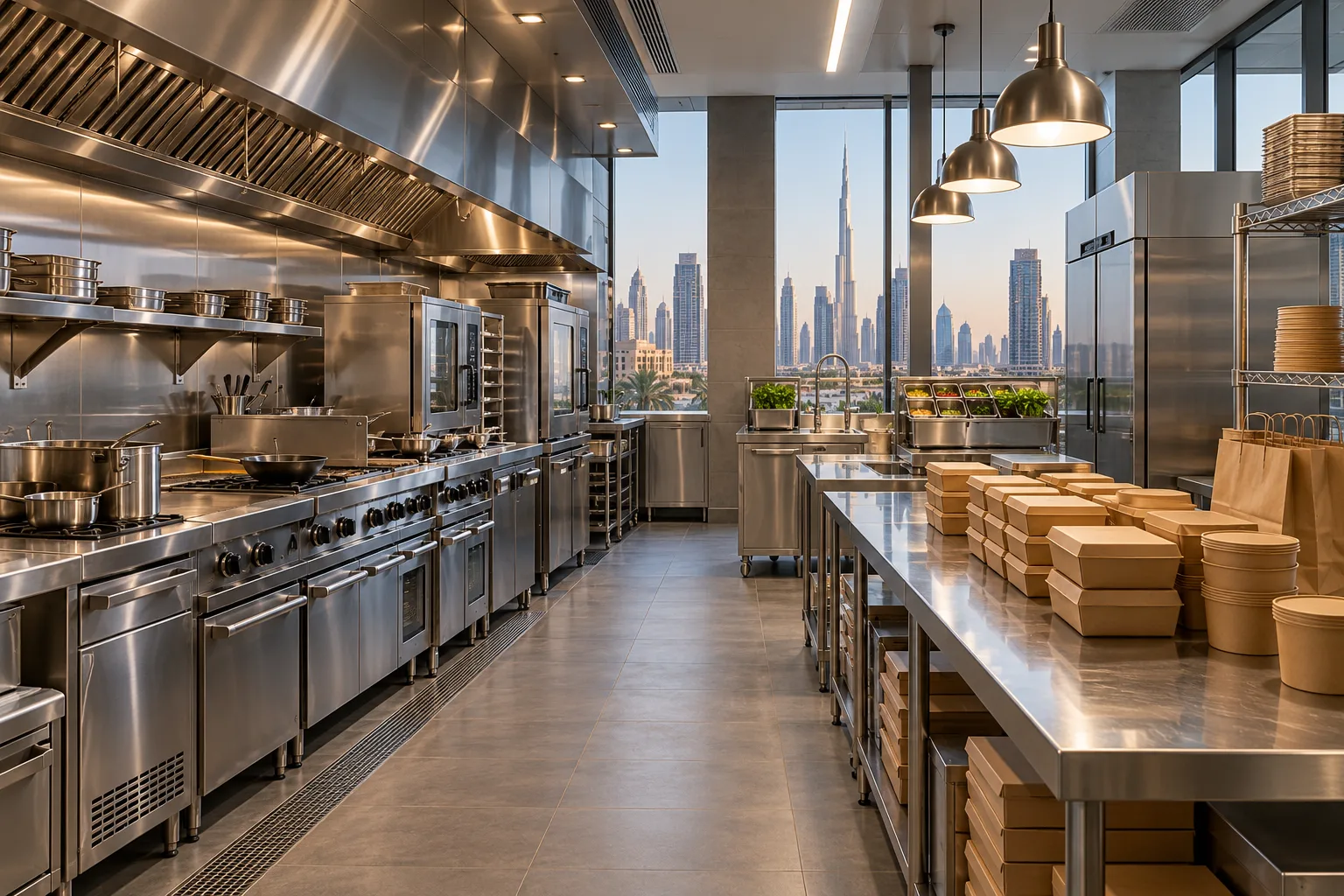 Illustrative Professional delivery-only commercial kitchen with stainless cooking line