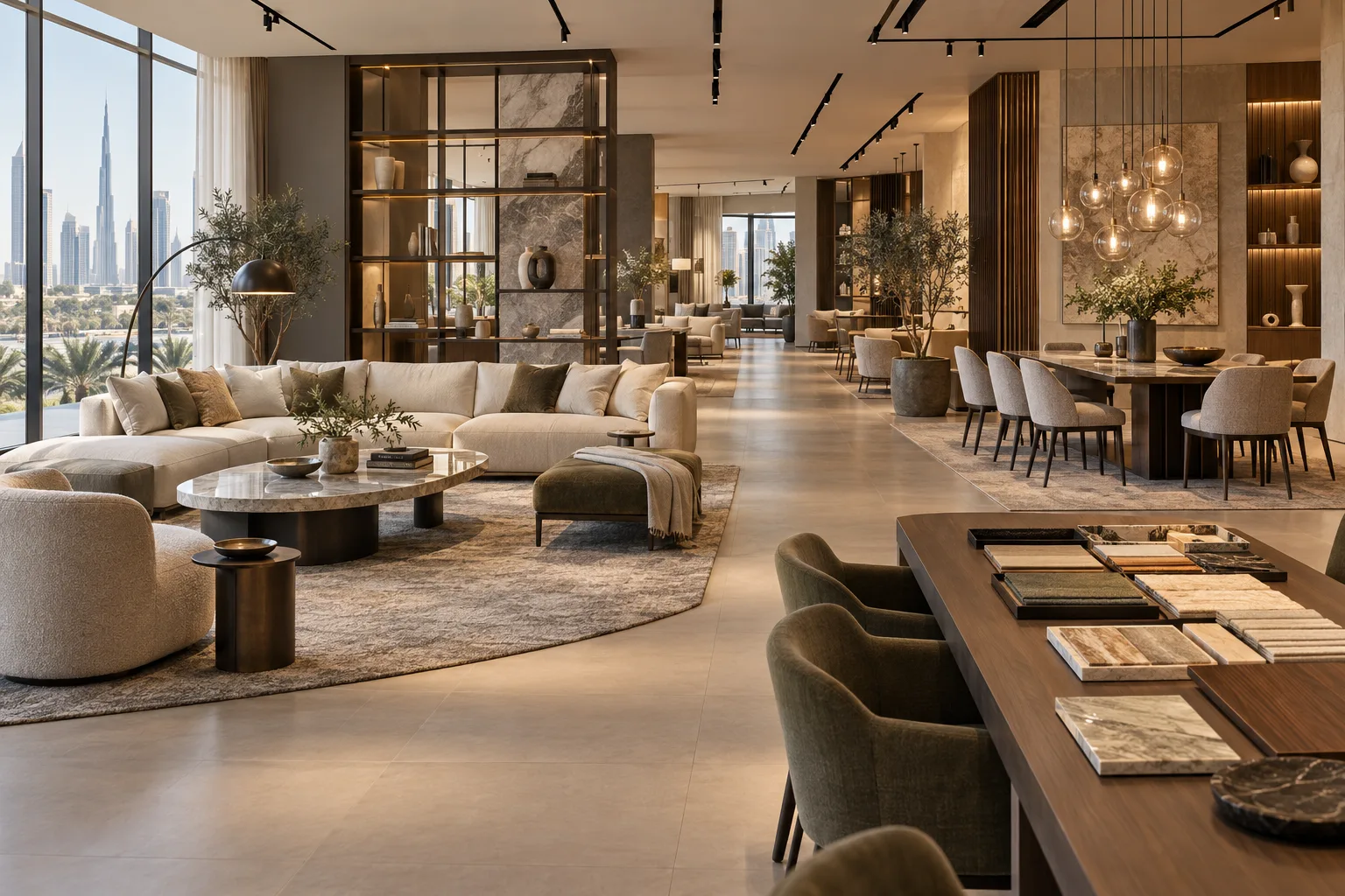 Illustrative Premium furniture showroom with distinct realistic living room and dining room settings