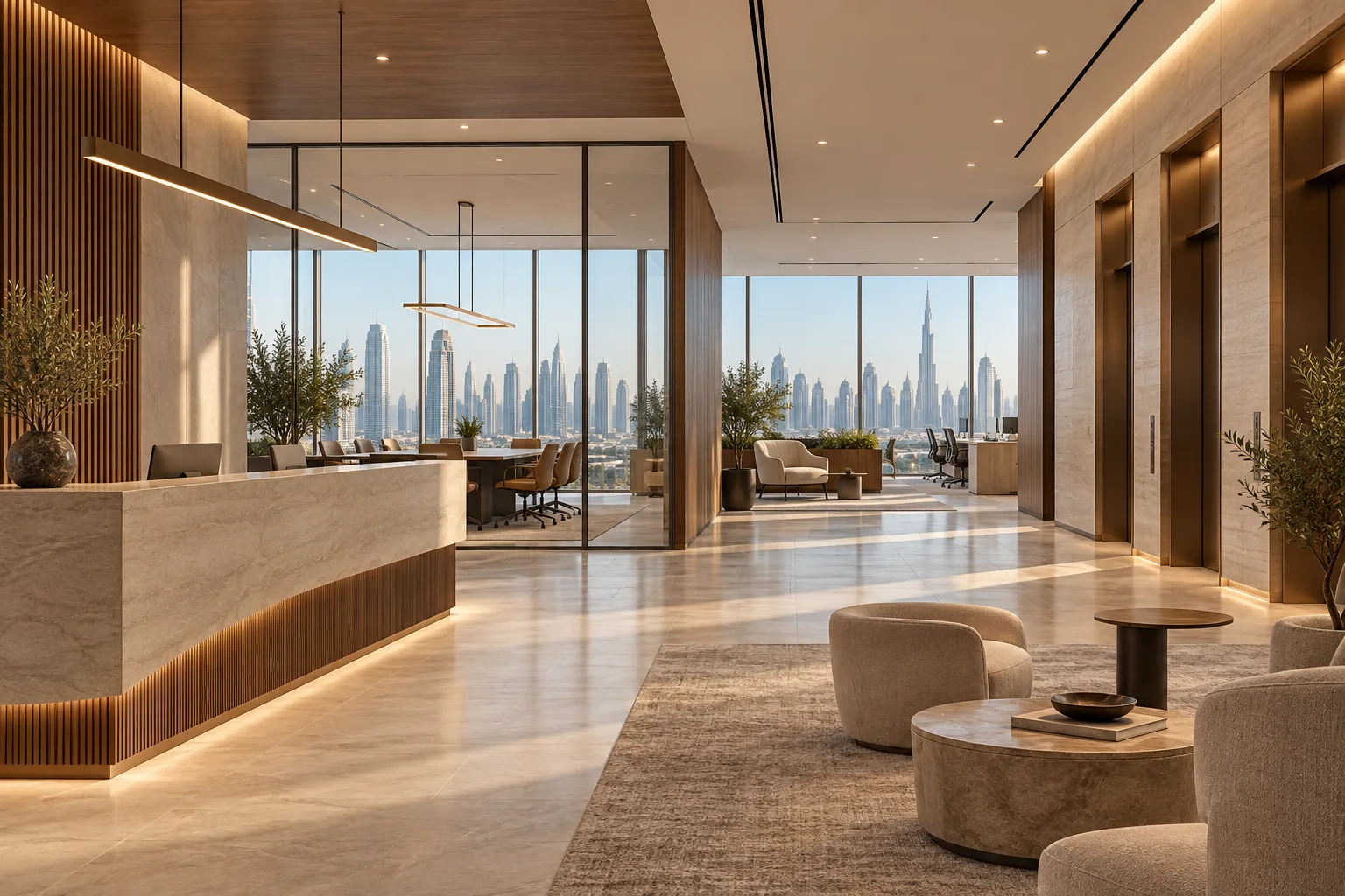 Illustrative Premium corporate office reception beside a clearly separated lift lobby
