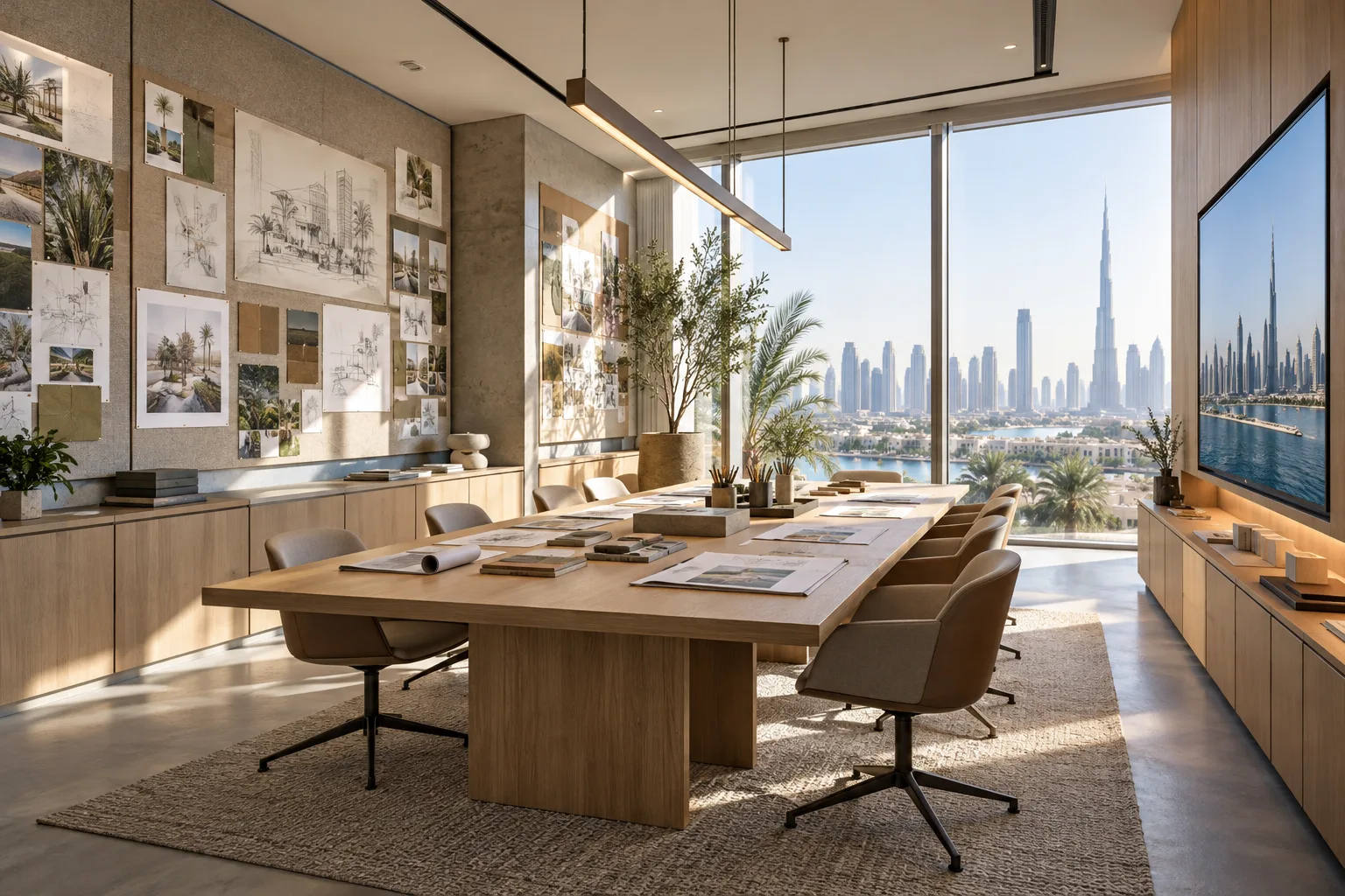 Illustrative Modern office project collaboration room with generous pinboards holding indistinct non-readable sketches