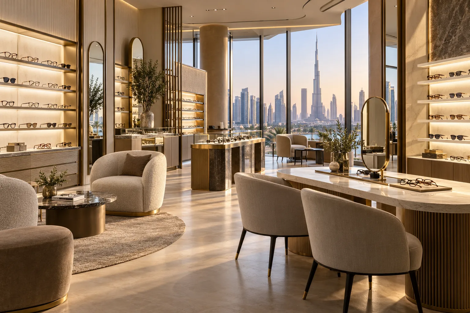 Illustrative Luxury optical eyewear retail boutique in Dubai