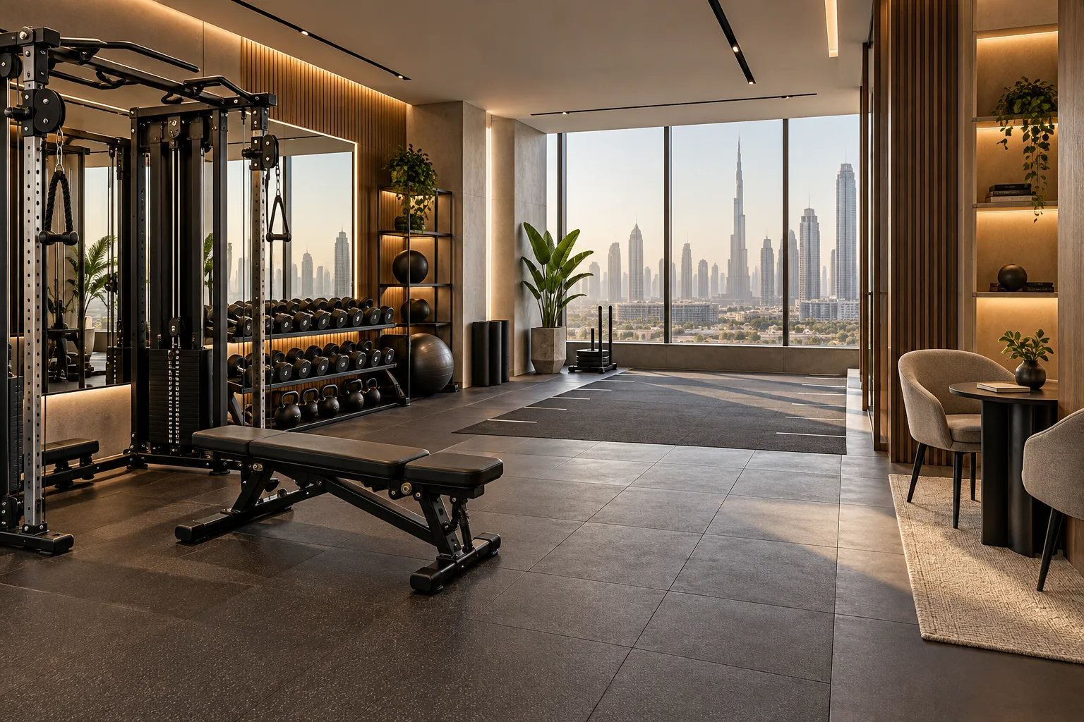 Illustrative Premium compact personal training studio with a cable machine