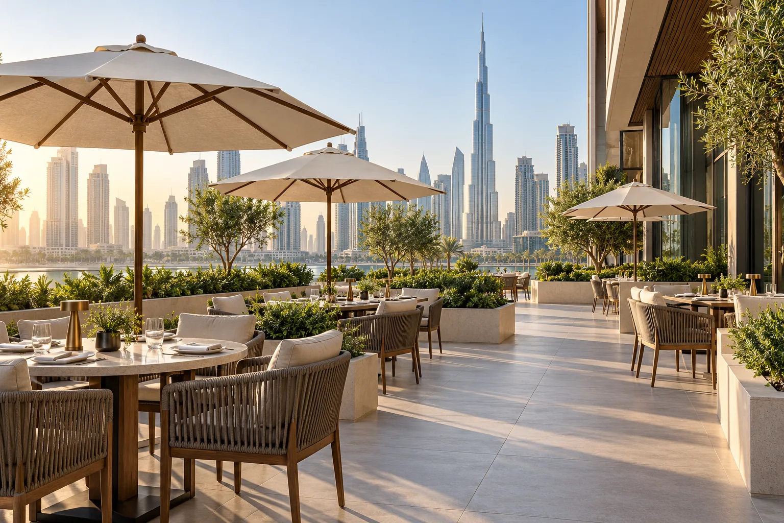 Illustrative Elegant Dubai restaurant outdoor terrace