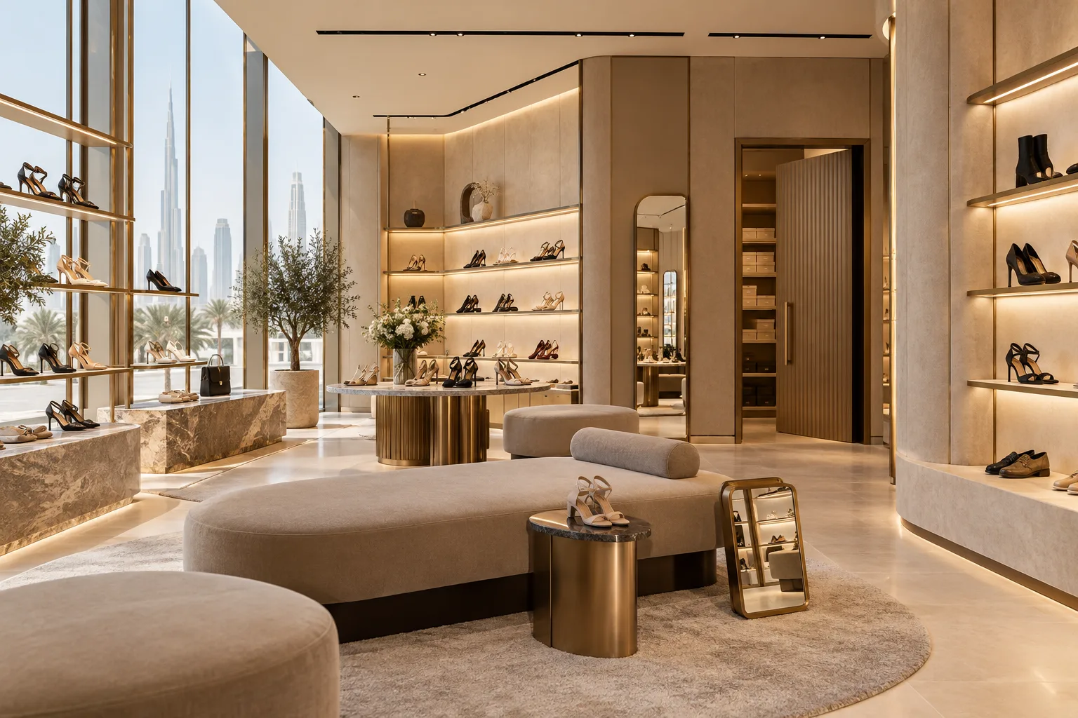 Illustrative Luxury footwear boutique with curated shoe shelves