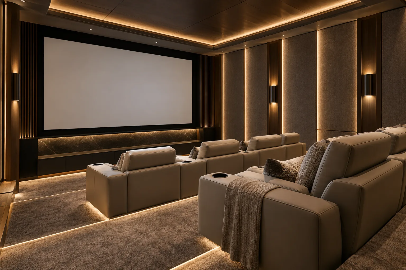 Illustrative Elegant Dubai villa home cinema with two rows of comfortable seats