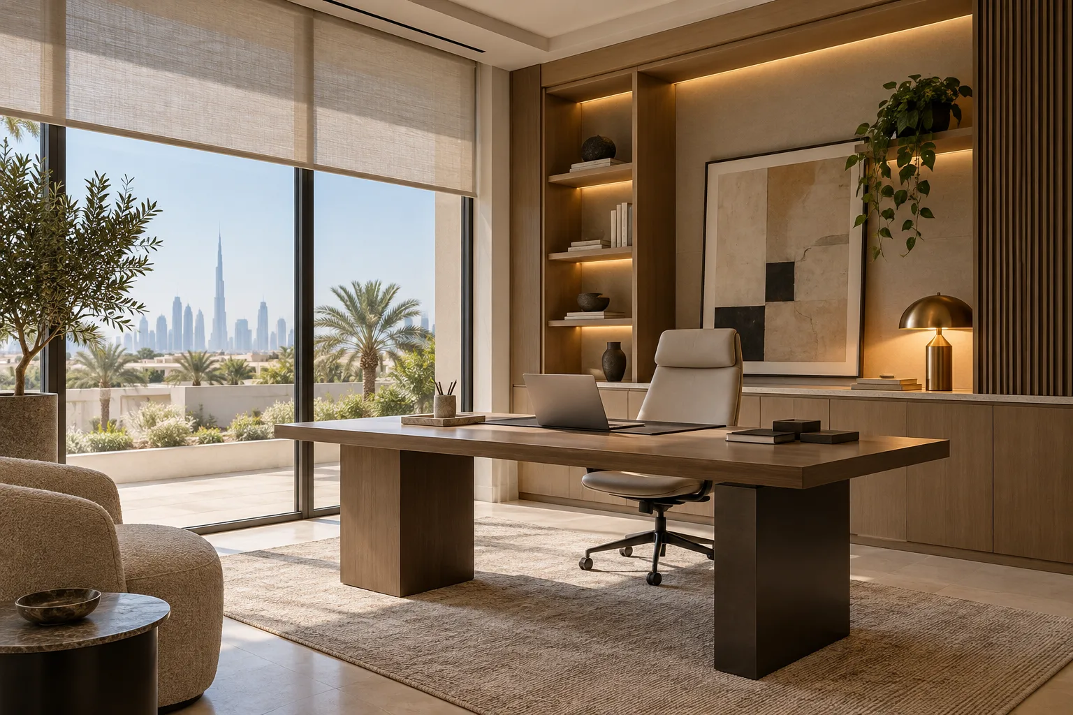 Illustrative Refined Dubai villa home office with ergonomic desk