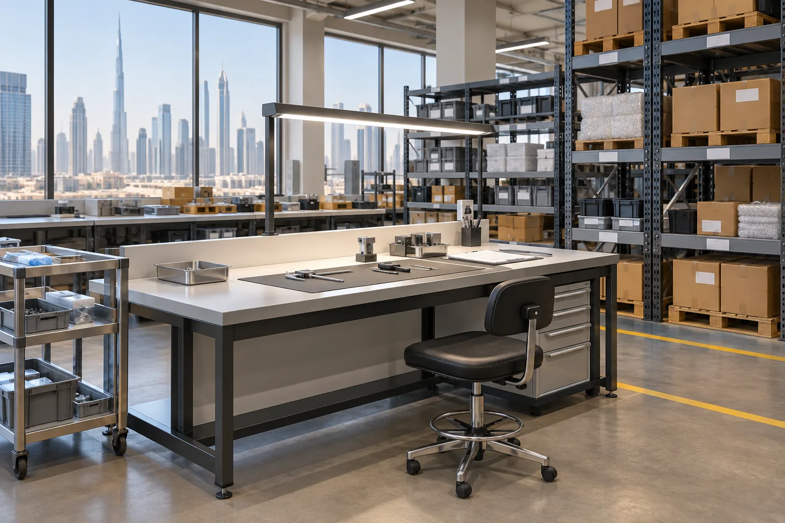 Illustrative Organised warehouse goods quality inspection area with a clean bench