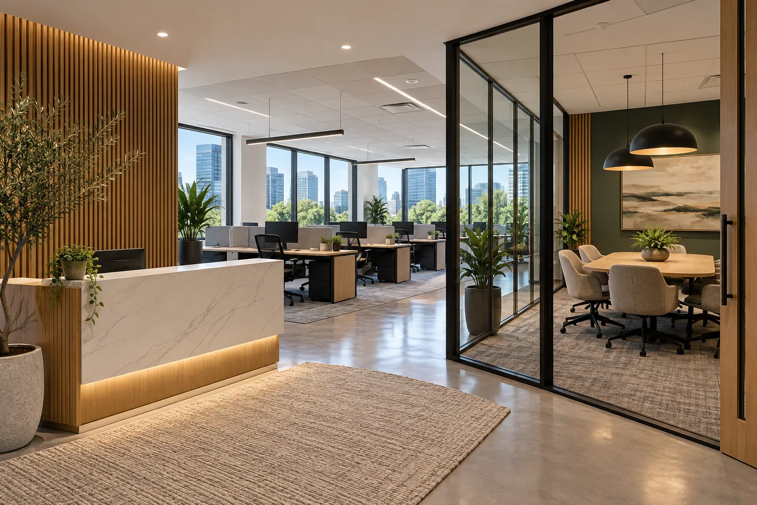 Illustrative Elegant ready-to-lease furnished office suite with flexible workstations