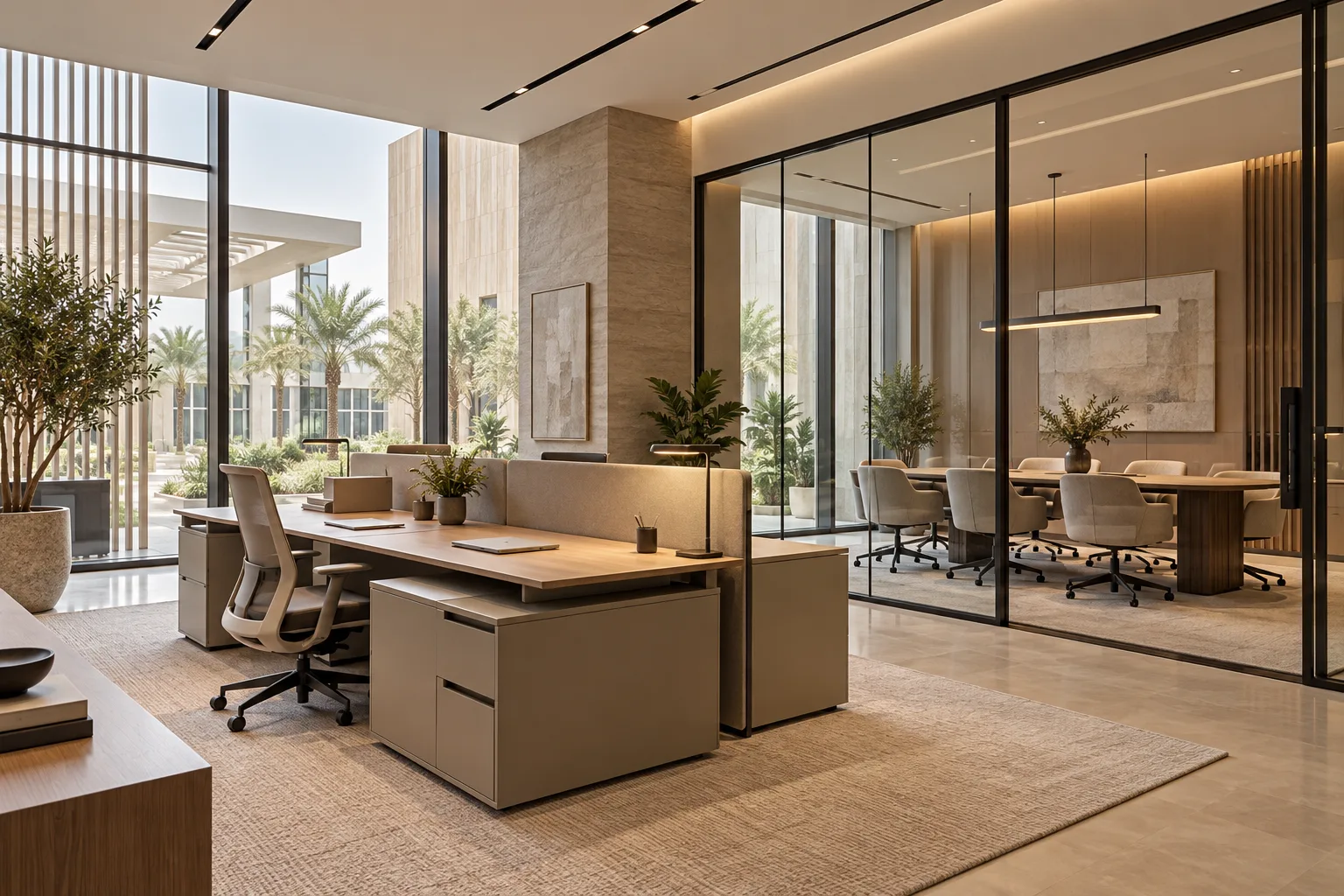 Illustrative Premium serviced private office in Dubai with desks and a meeting space visible beyond glass