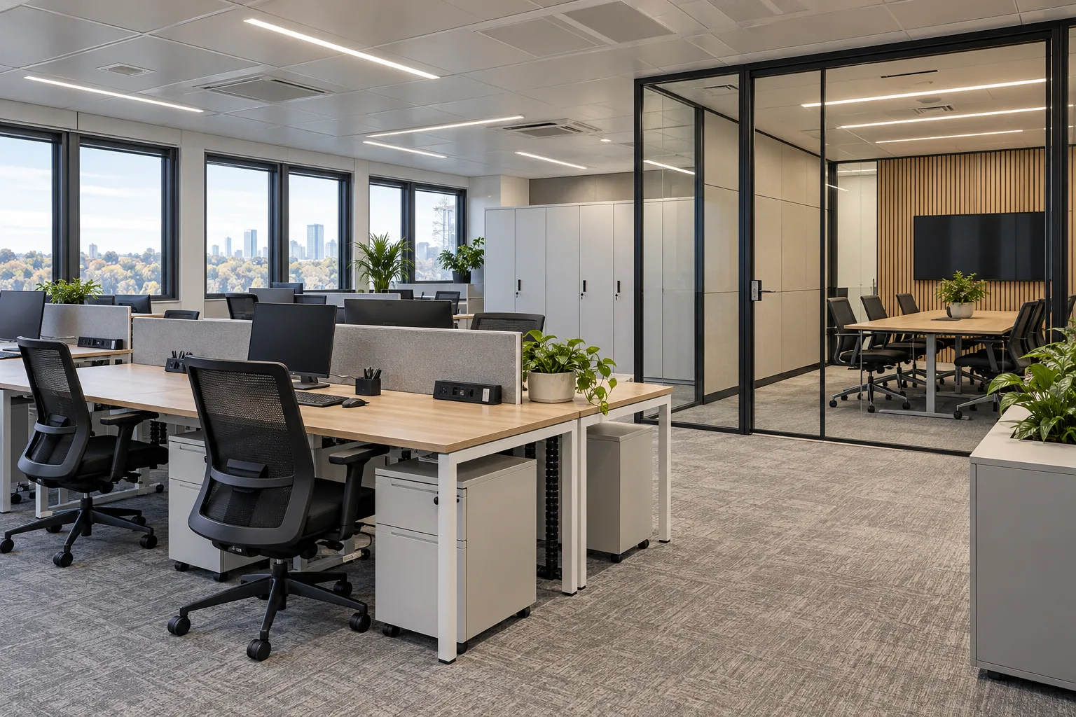 Illustrative Functional temporary corporate office with movable desks