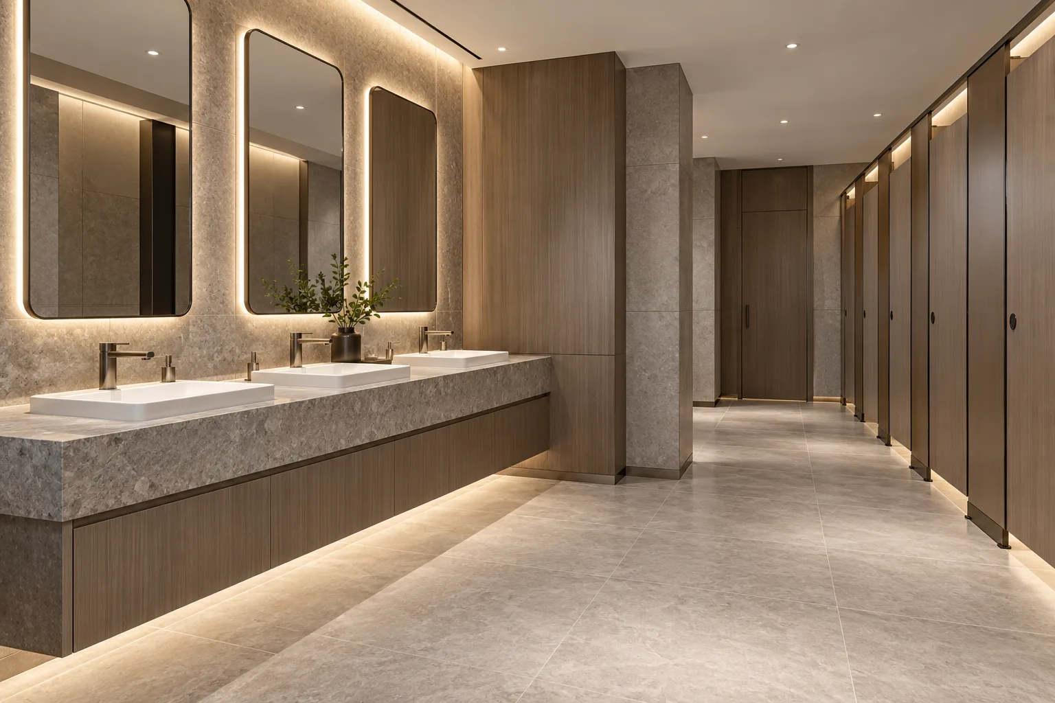 Illustrative Modern commercial washroom with coordinated washbasins