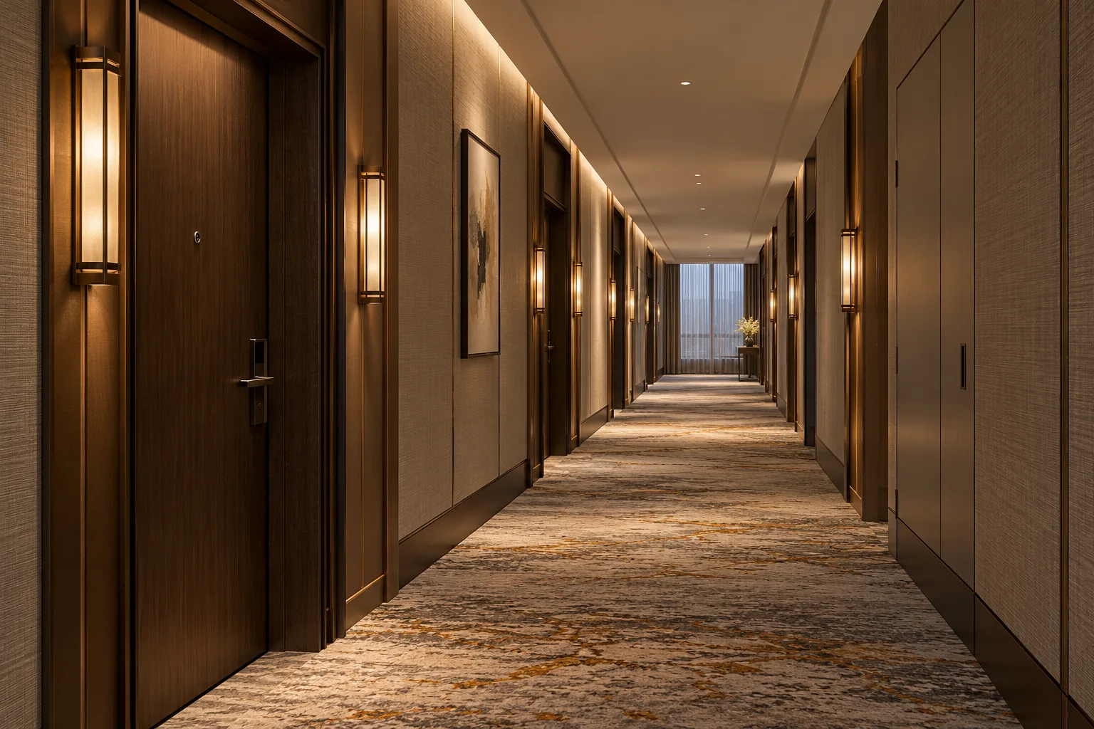 Illustrative Elegant hotel guest corridor with guestroom doors