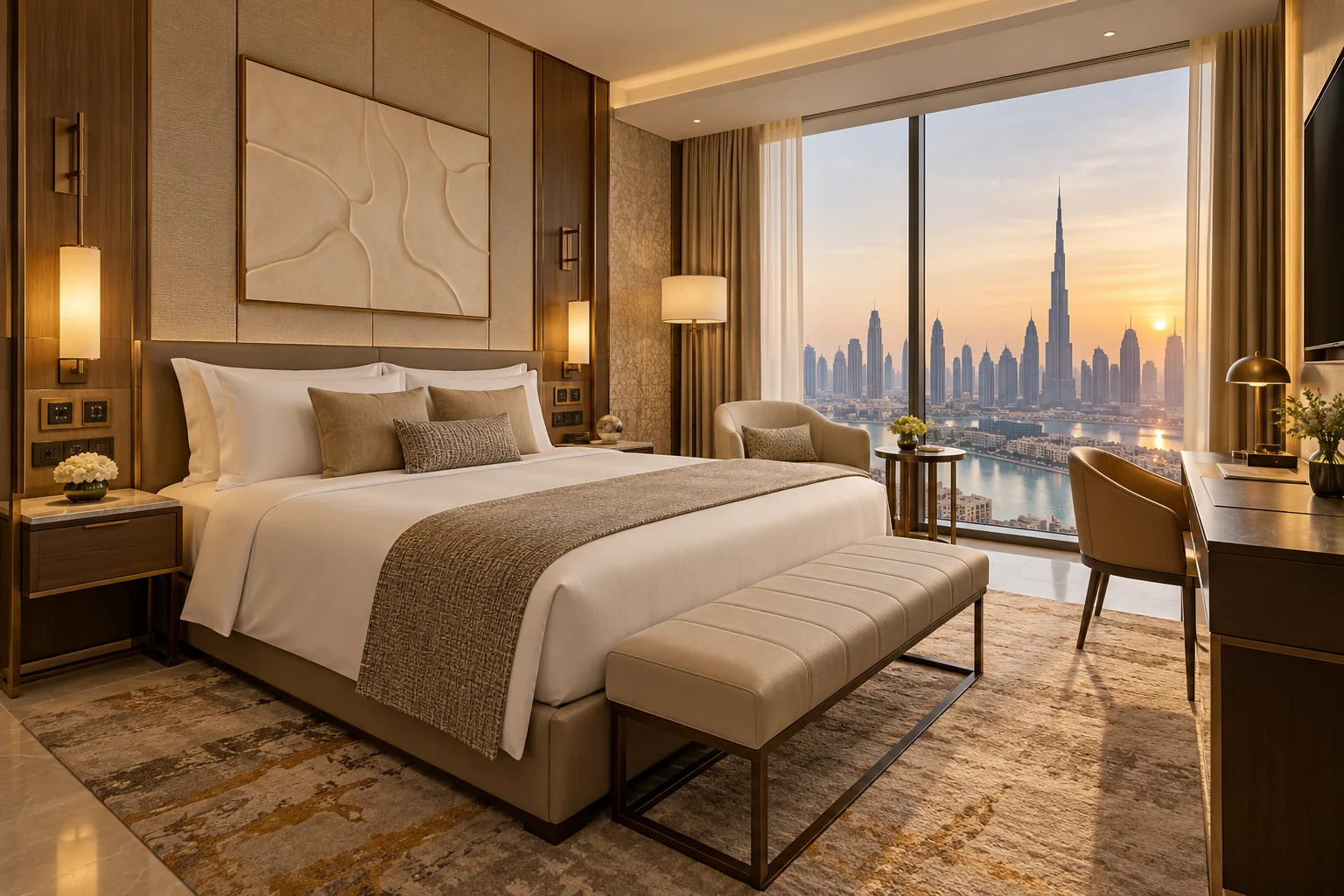 Illustrative Refined Dubai hotel guestroom sample with bedside controls