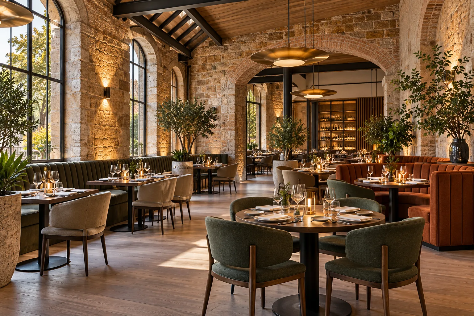 Illustrative Contemporary refurbished restaurant dining room with retained architectural shell