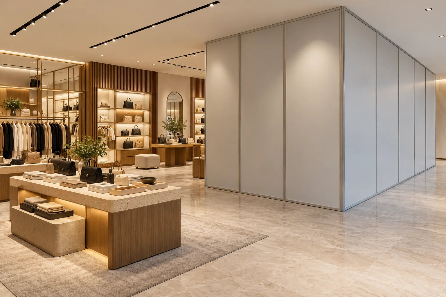 Illustrative Premium retail interior with completed merchandise area and neat full-height temporary partition separating a small closed work zone