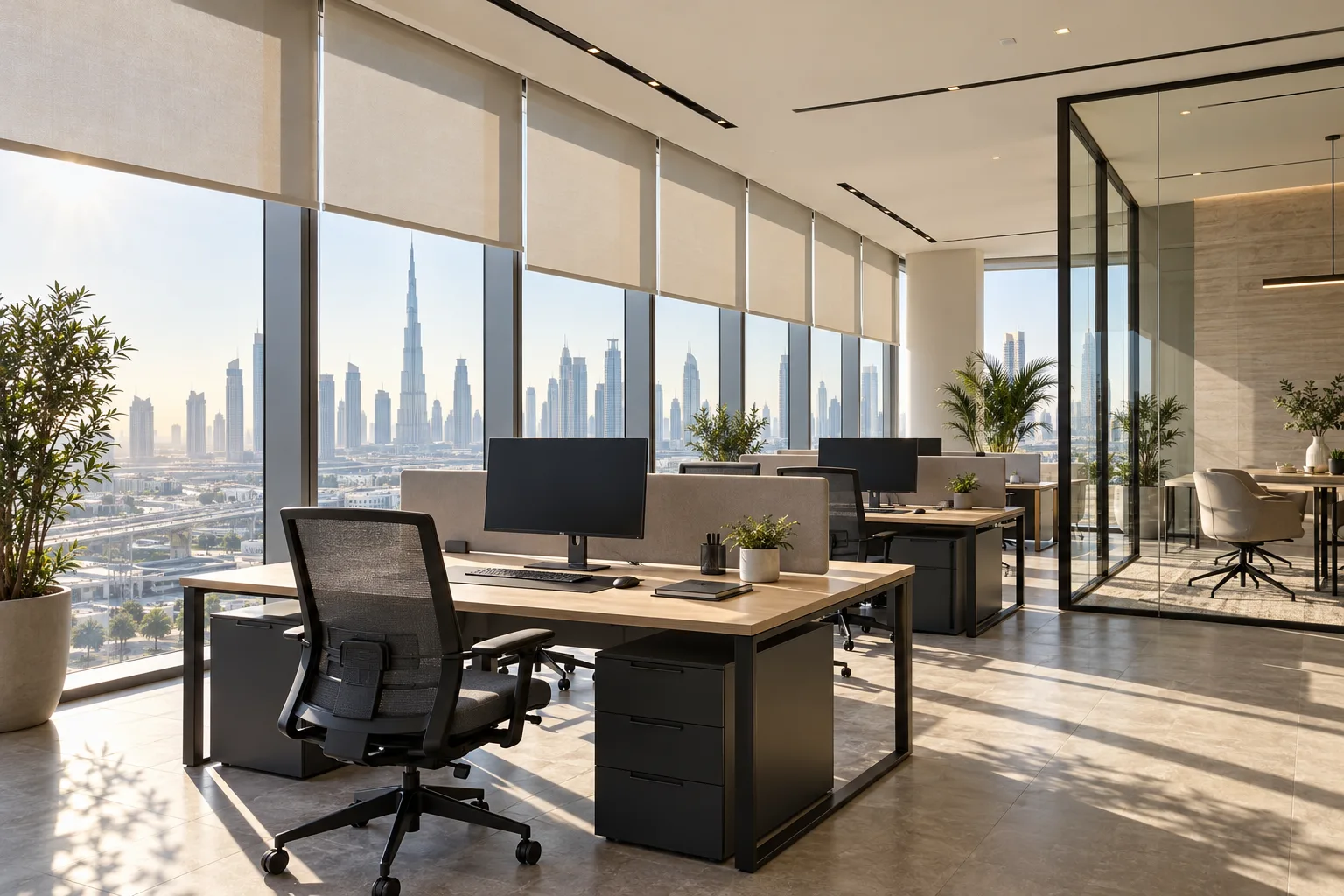 Illustrative Contemporary Dubai office with adjustable roller blinds filtering strong daylight