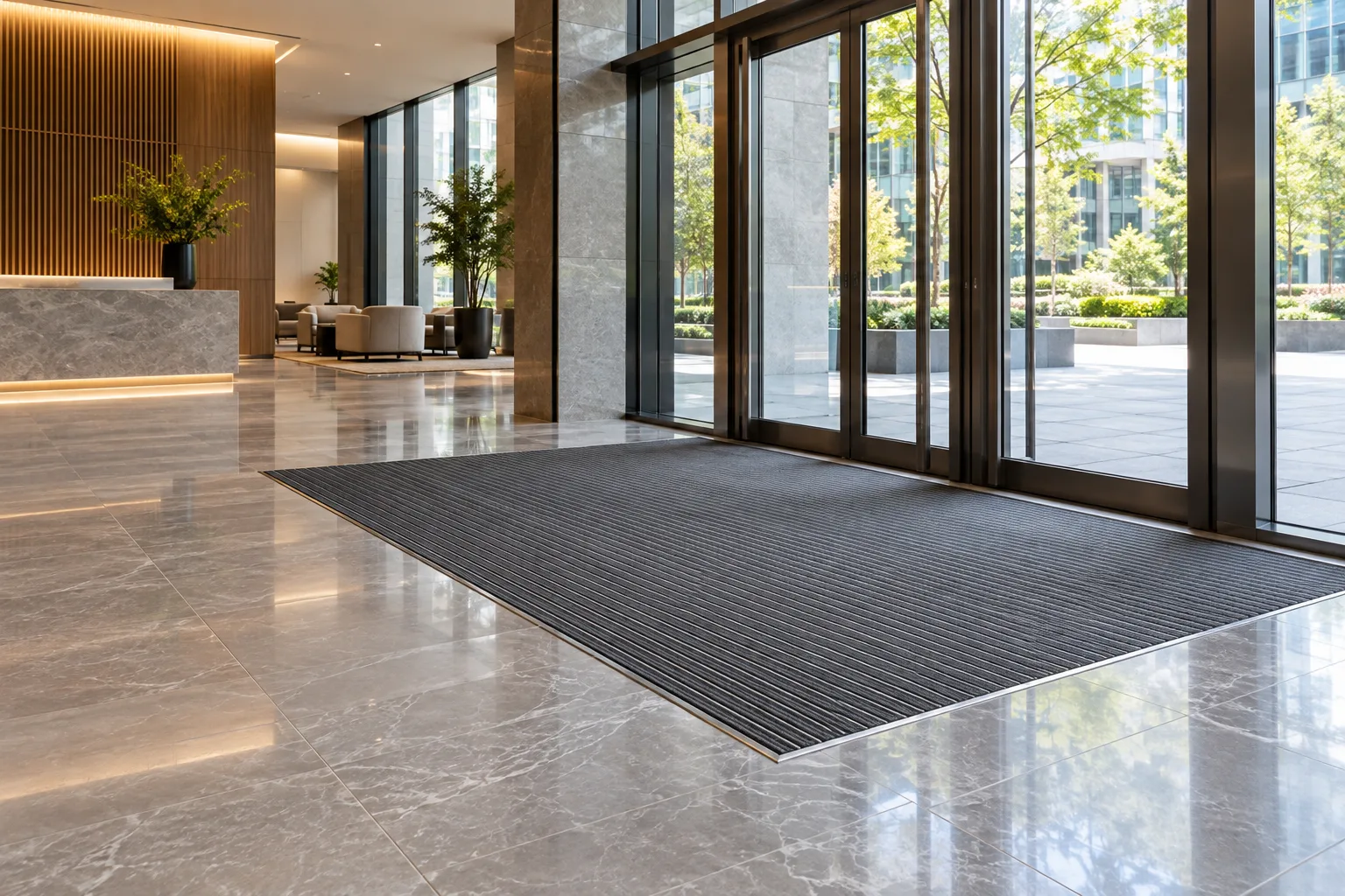 Illustrative Elegant commercial lobby entrance with flush inset entrance mat
