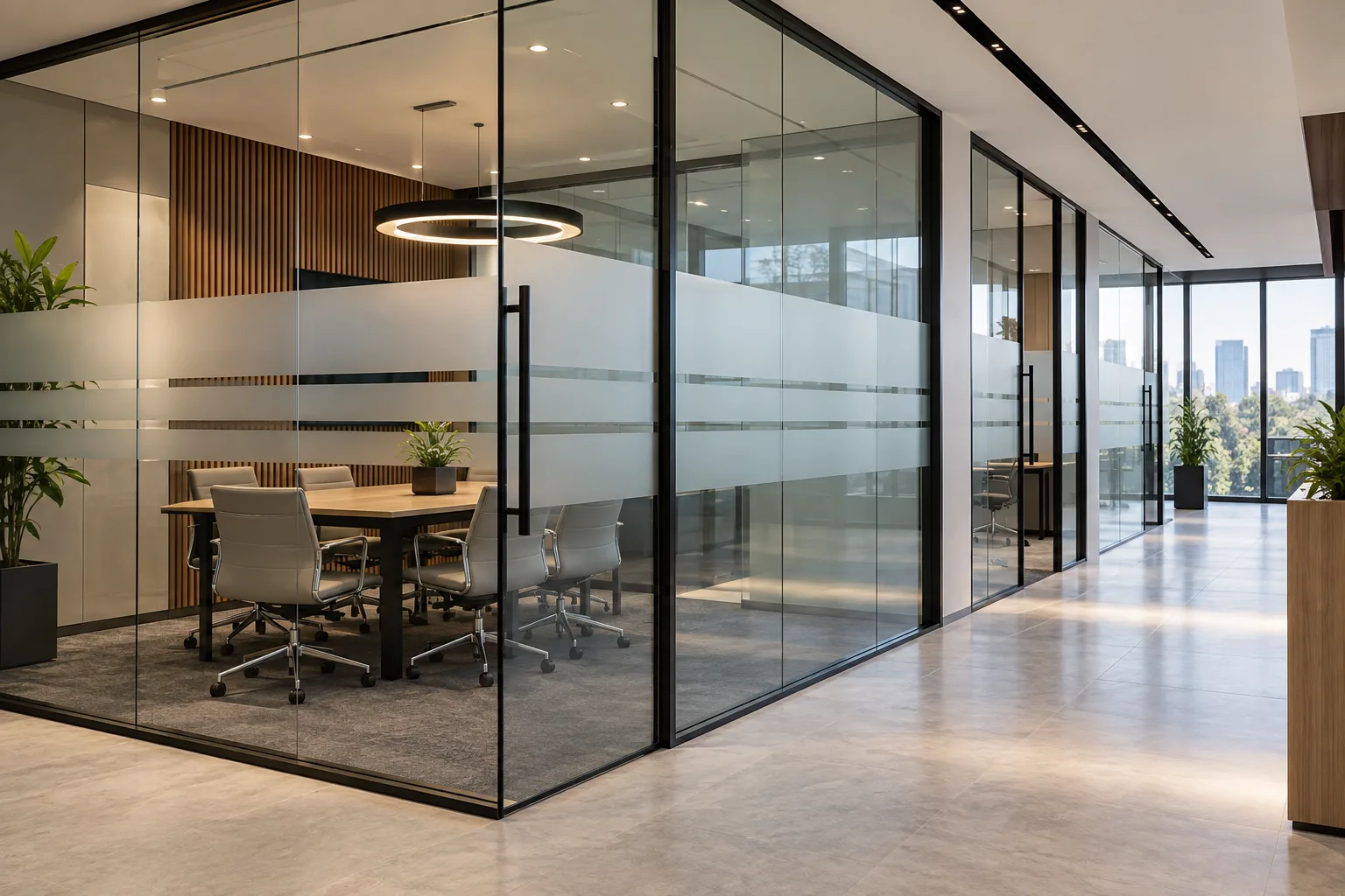 Illustrative Modern office glazed partitions with elegant opaque frosted horizontal visual markings