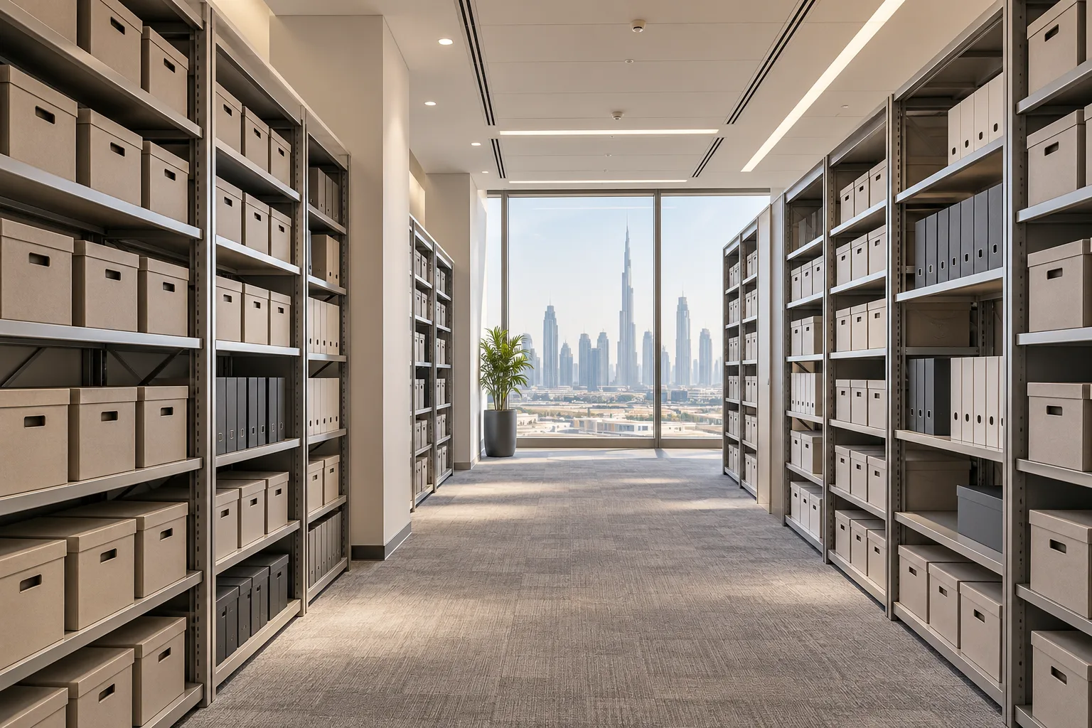 Illustrative office archive room with document boxes on fixed shelving