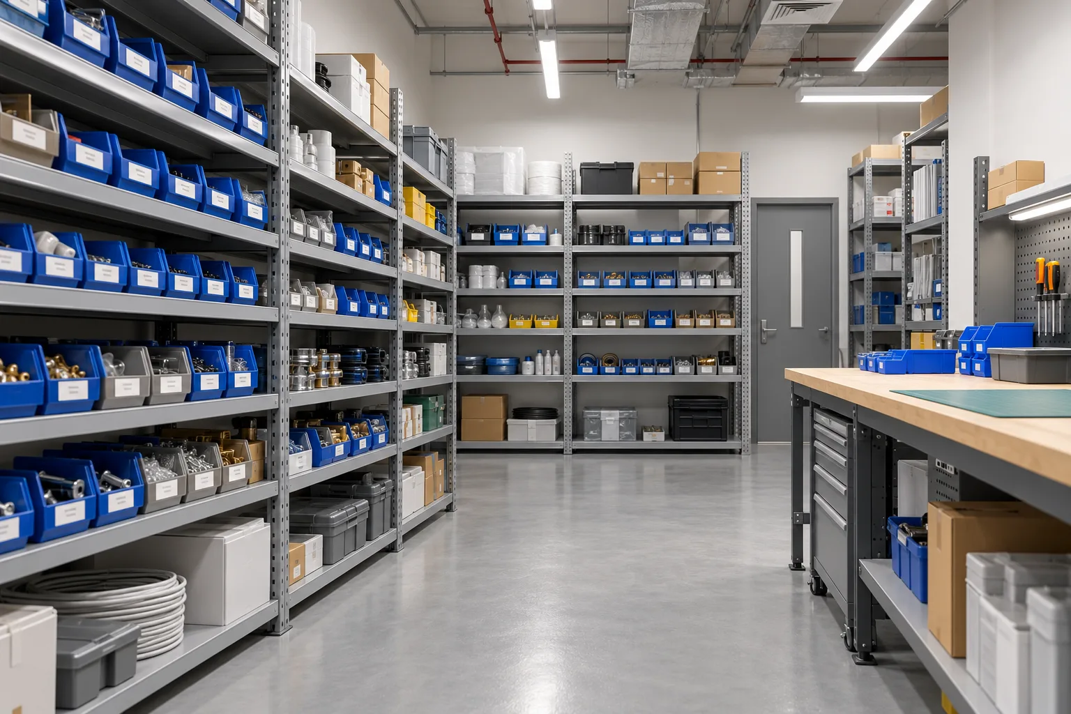 Illustrative spare-parts store with small bins and an issue counter