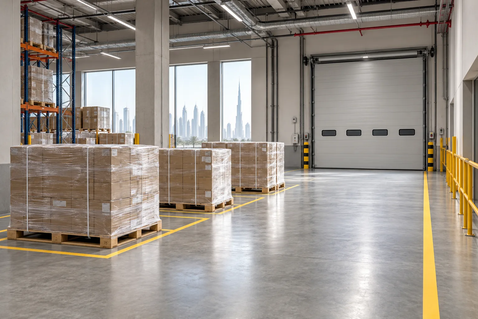 Illustrative warehouse dispatch staging area with separated pallet bays and a clear aisle