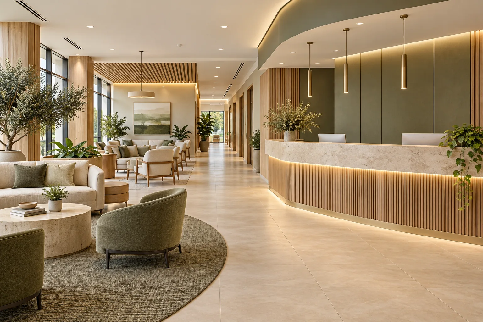 Concept clinic reception with discreet check-in and waiting seating