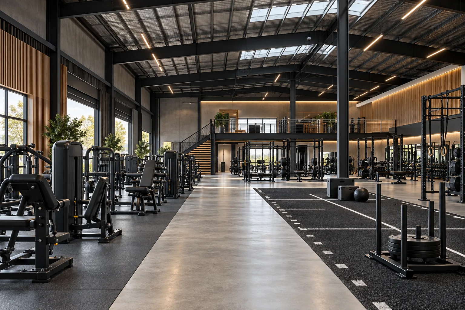 Concept warehouse gym with equipment zones and open circulation