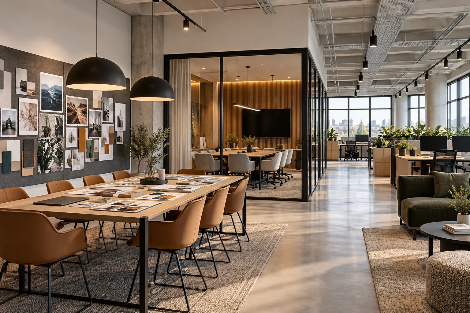 Concept media agency workplace with collaborative and client areas