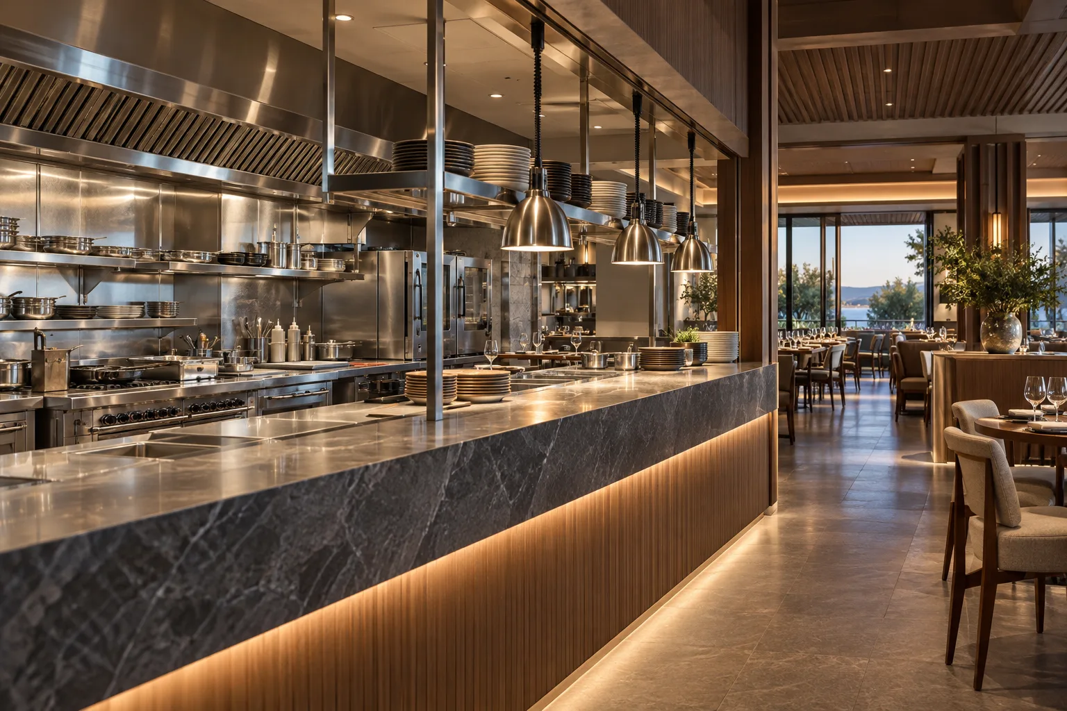Concept restaurant kitchen pass connecting preparation and dining