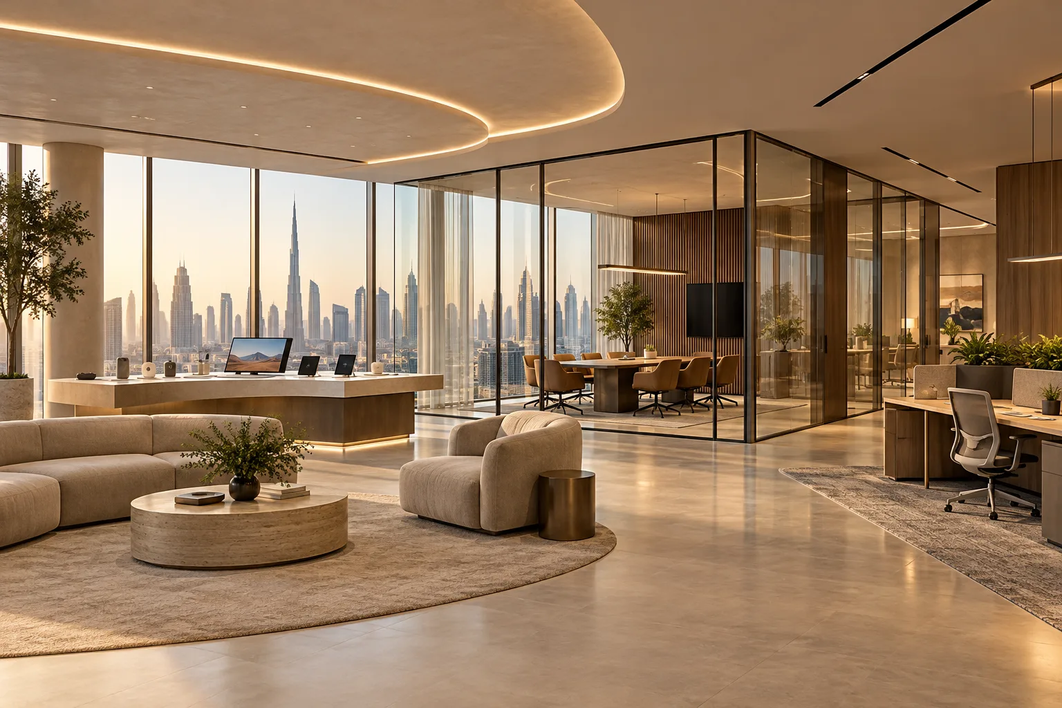 Concept technology workplace with client demonstration and meeting zones