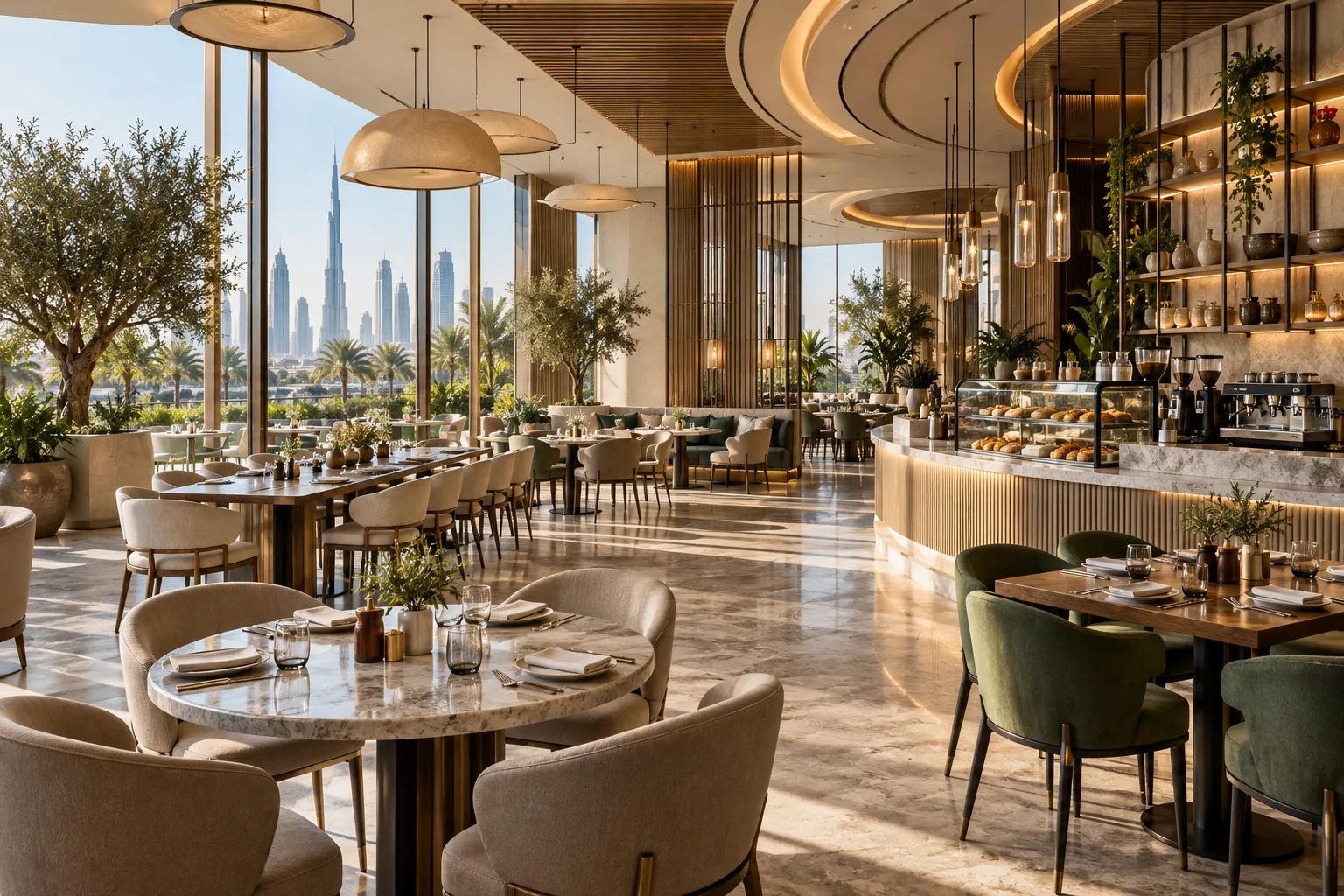 Illustrative all-day restaurant with coffee counter and flexible seating