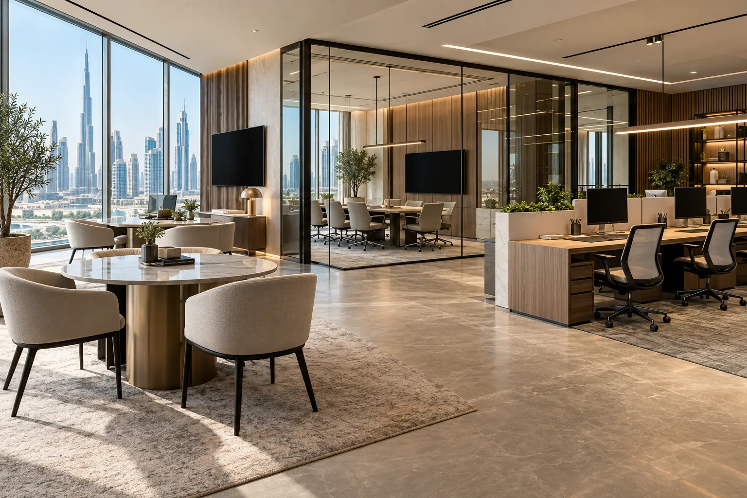 Illustrative brokerage office with client consultation and agent areas