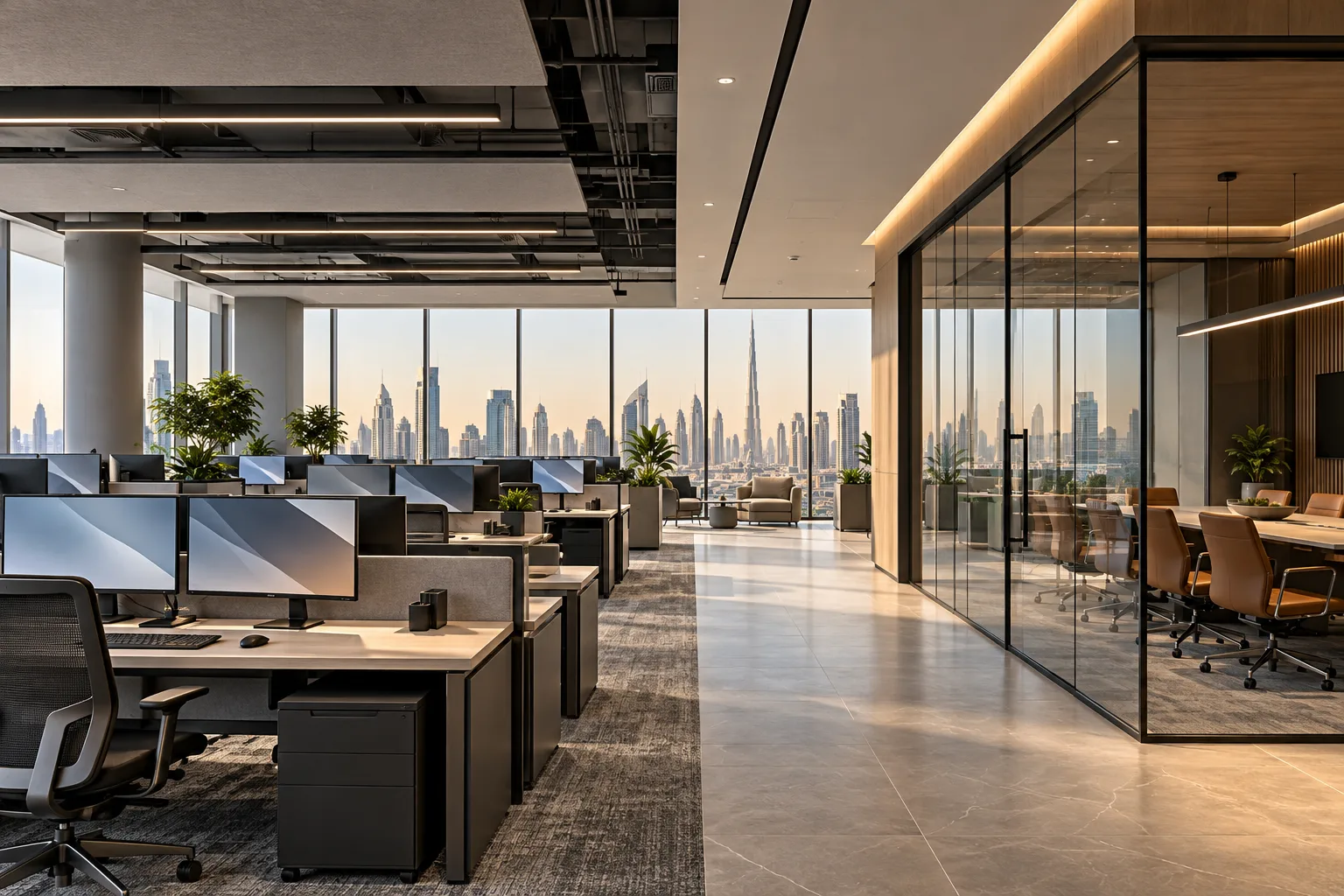 Illustrative corporate operations office with multi-screen workstations