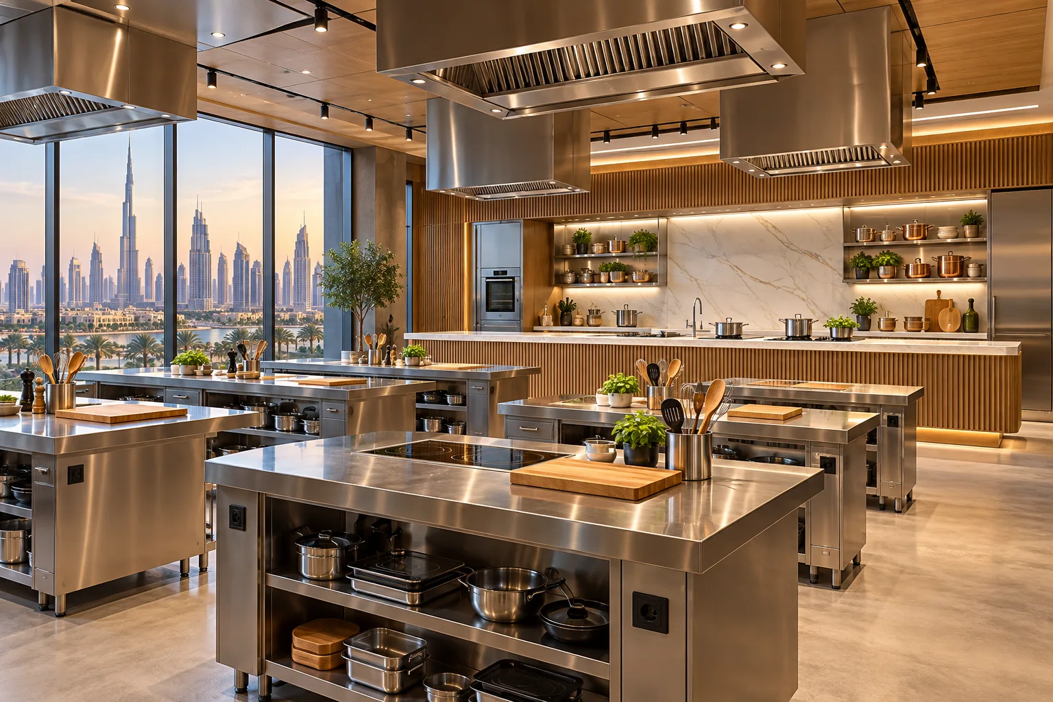 Illustrative culinary teaching kitchen with student workstations and demonstration counter