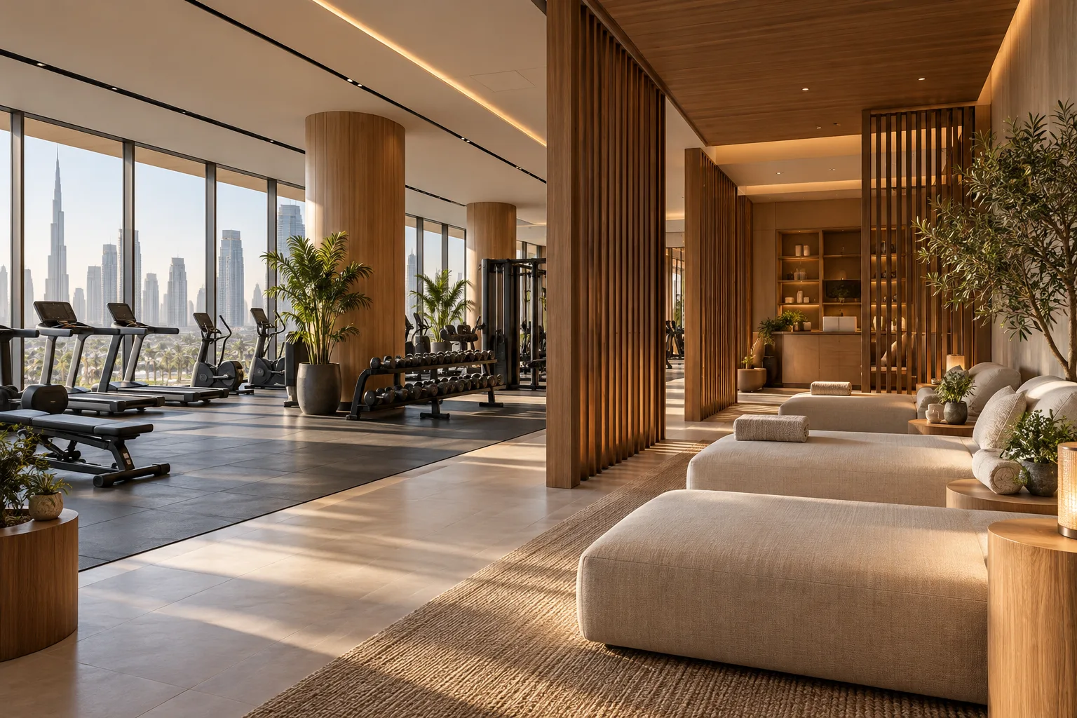 Illustrative hotel fitness and recovery lounge concept