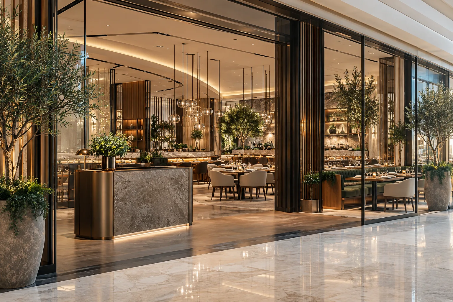 Illustrative mall restaurant with host station and dining space