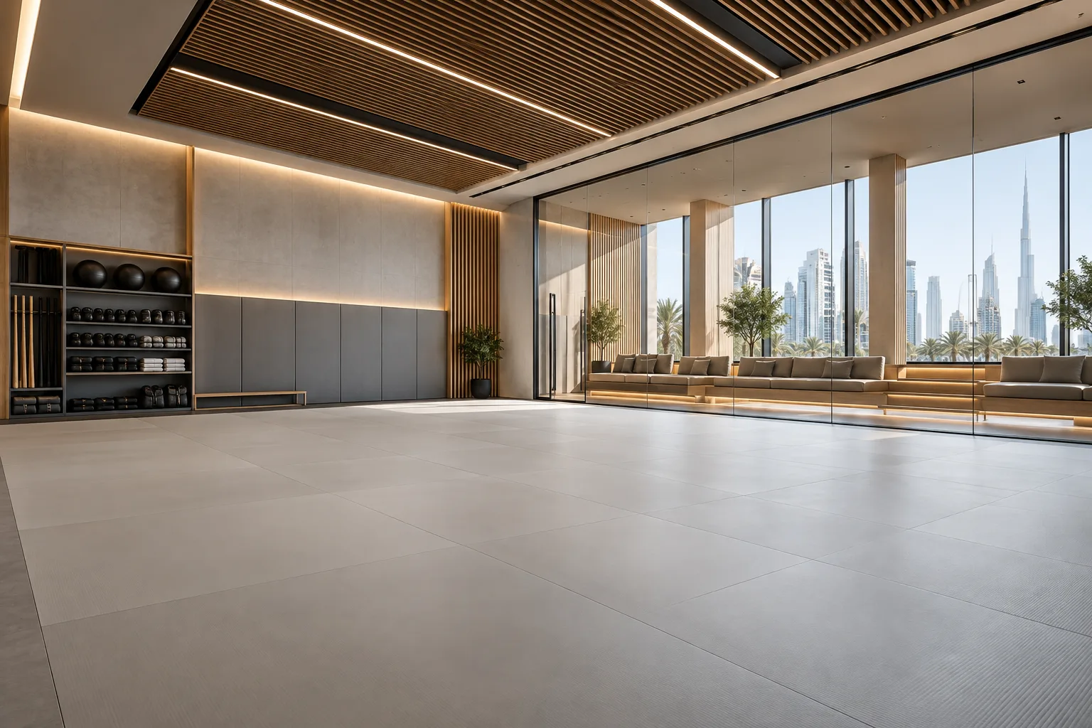 Illustrative martial arts academy with training and viewing zones