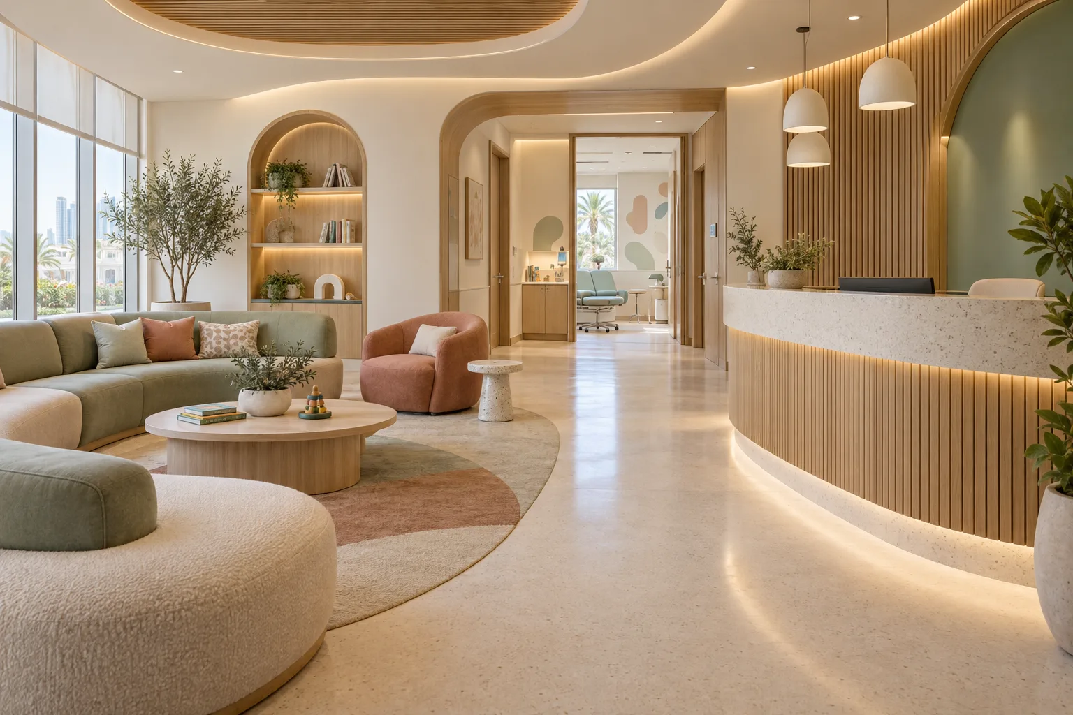 Illustrative paediatric clinic waiting area with family seating