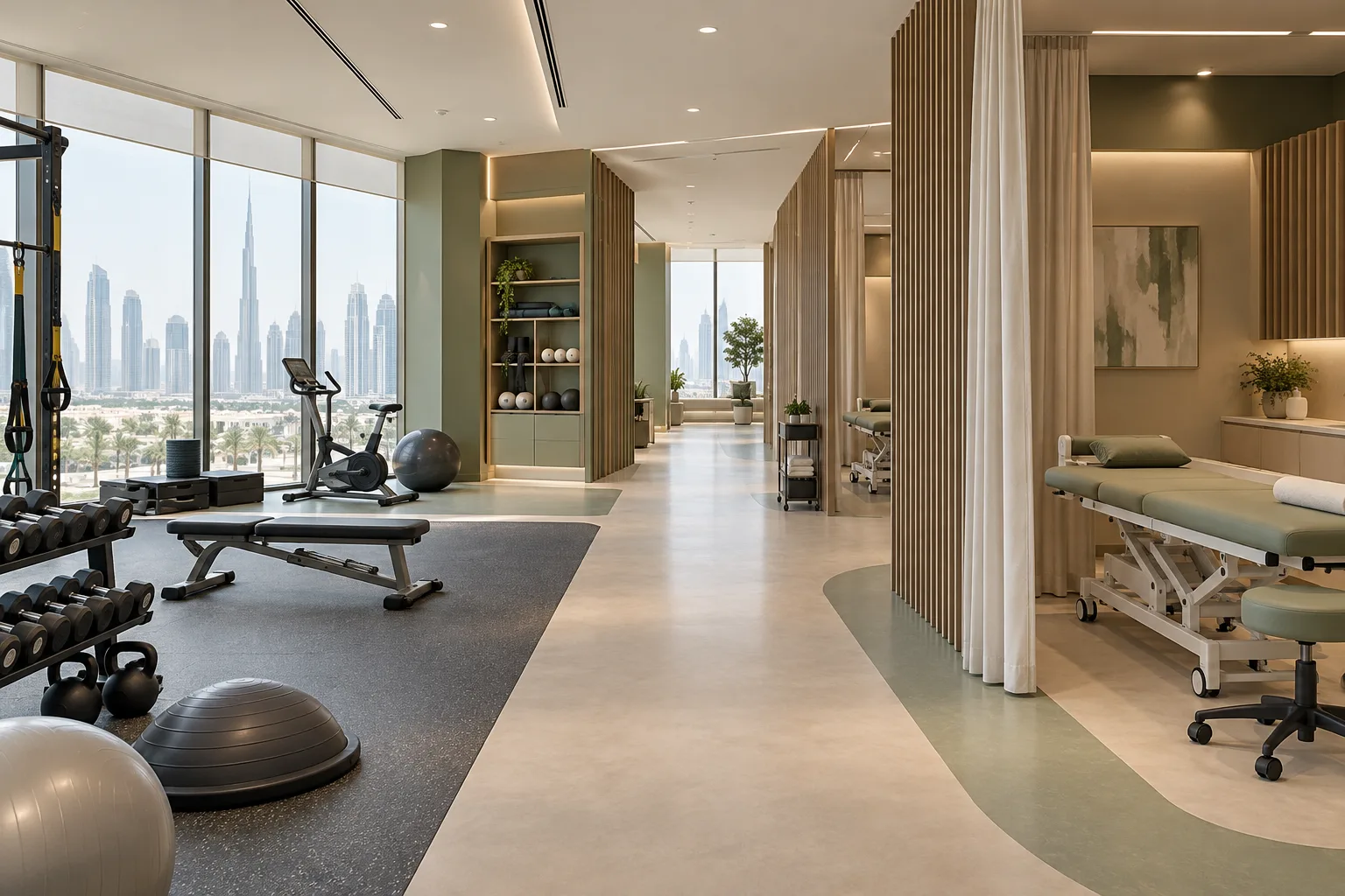 Illustrative physiotherapy clinic with exercise and treatment zones