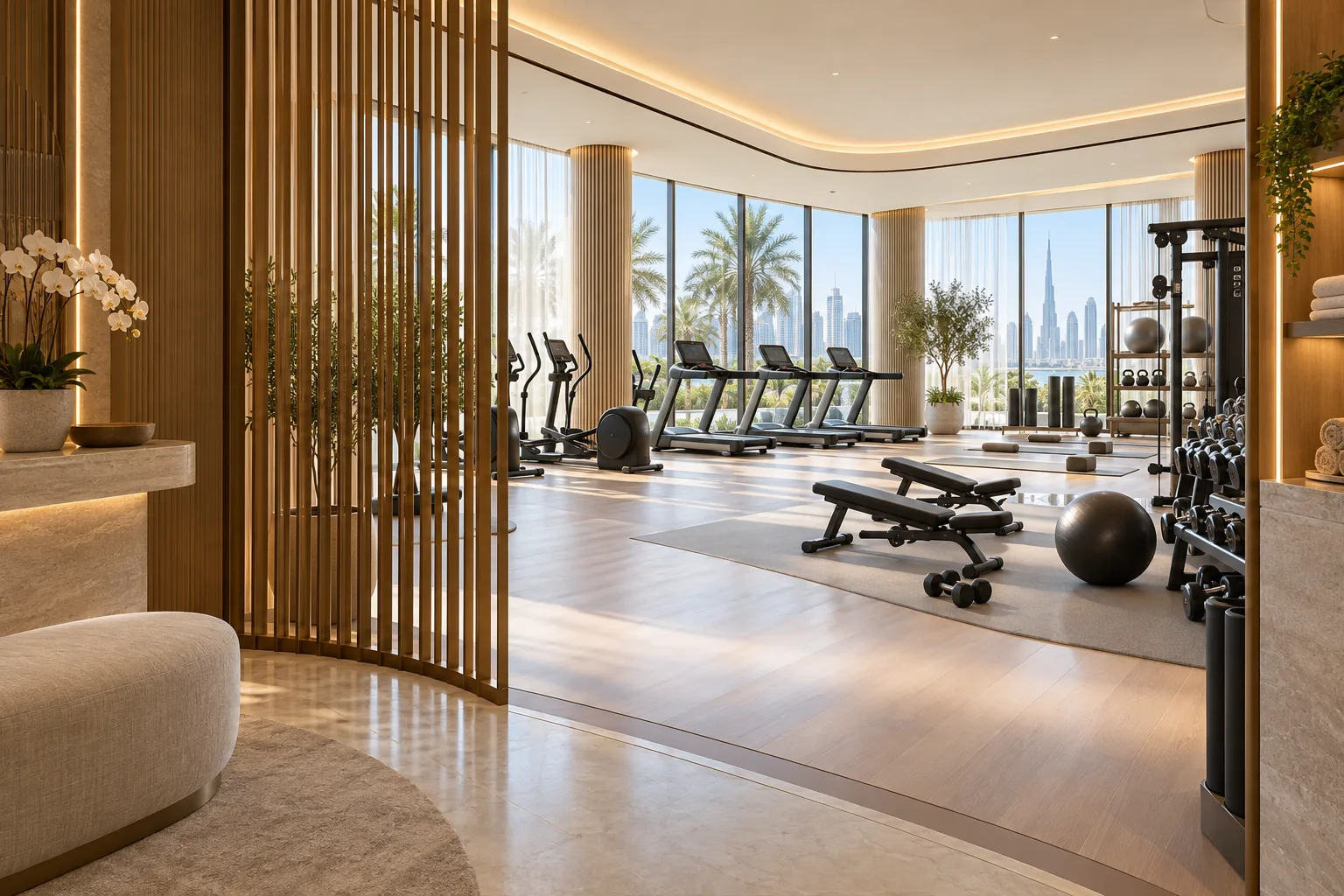 Illustrative fitness club with screened arrival and training space