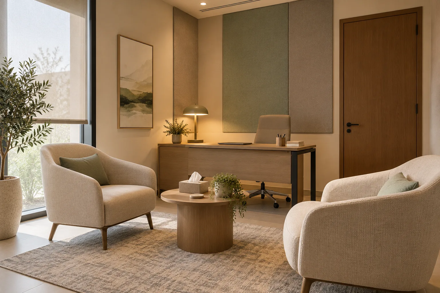 Concept counselling room with angled seating and discreet acoustic finishes