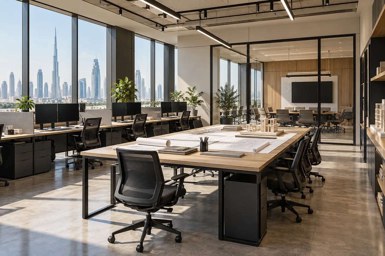 Concept engineering office with a project-review table and workstations