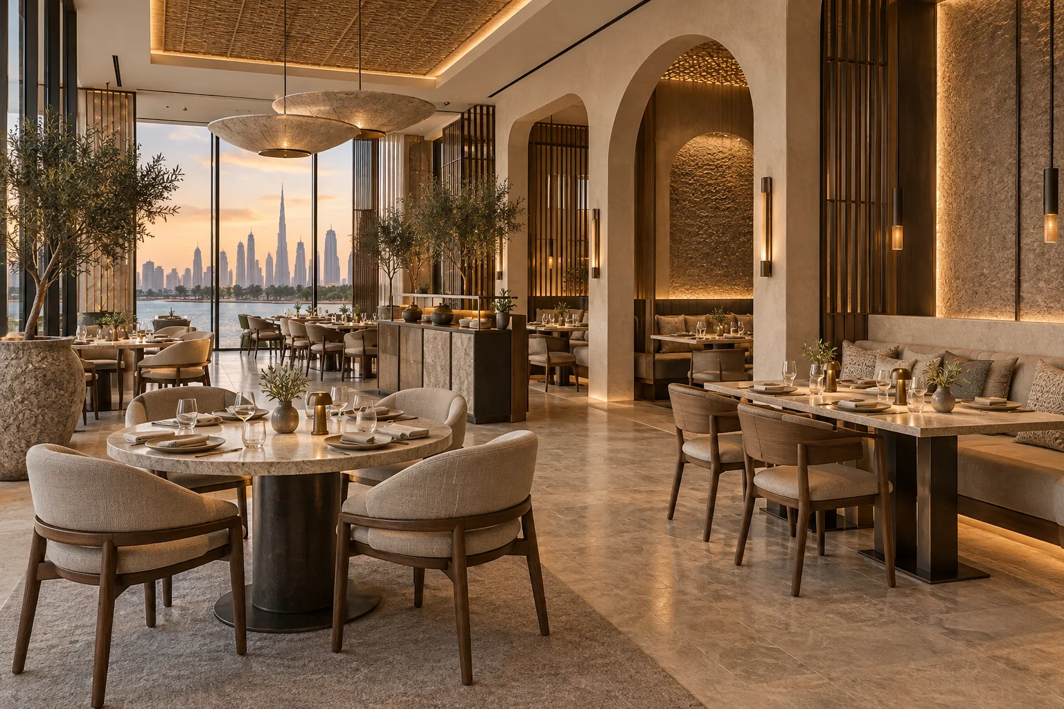 Concept restaurant dining room with spaced tables and discreet service stations