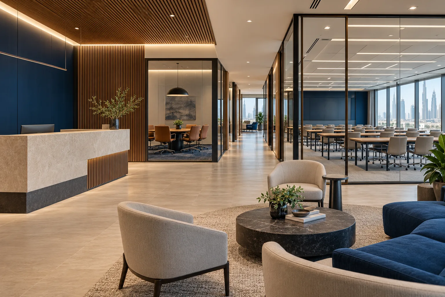 Concept client-facing office with flexible meeting and training rooms