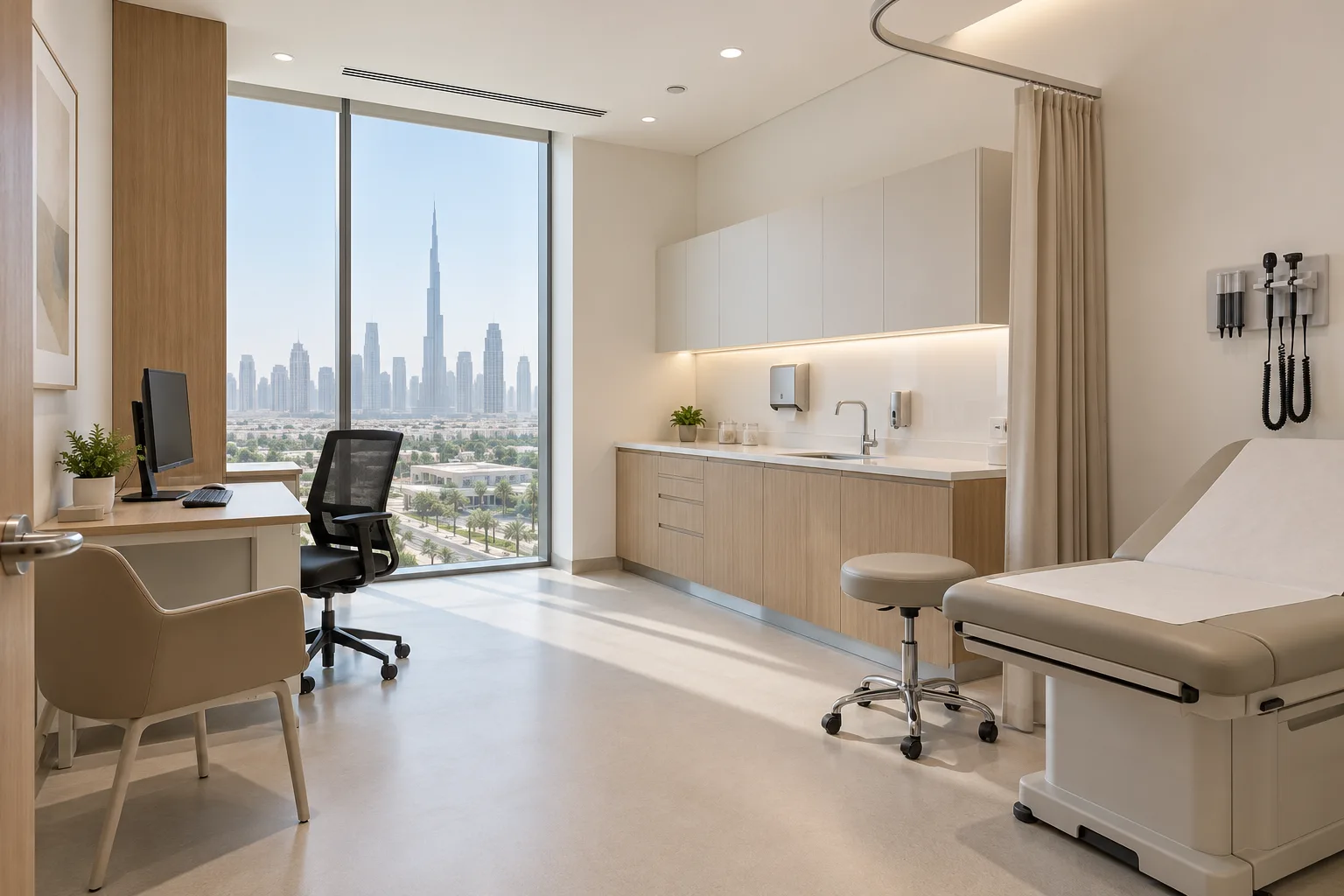 Concept outpatient assessment room with an examination couch and clinical workstation