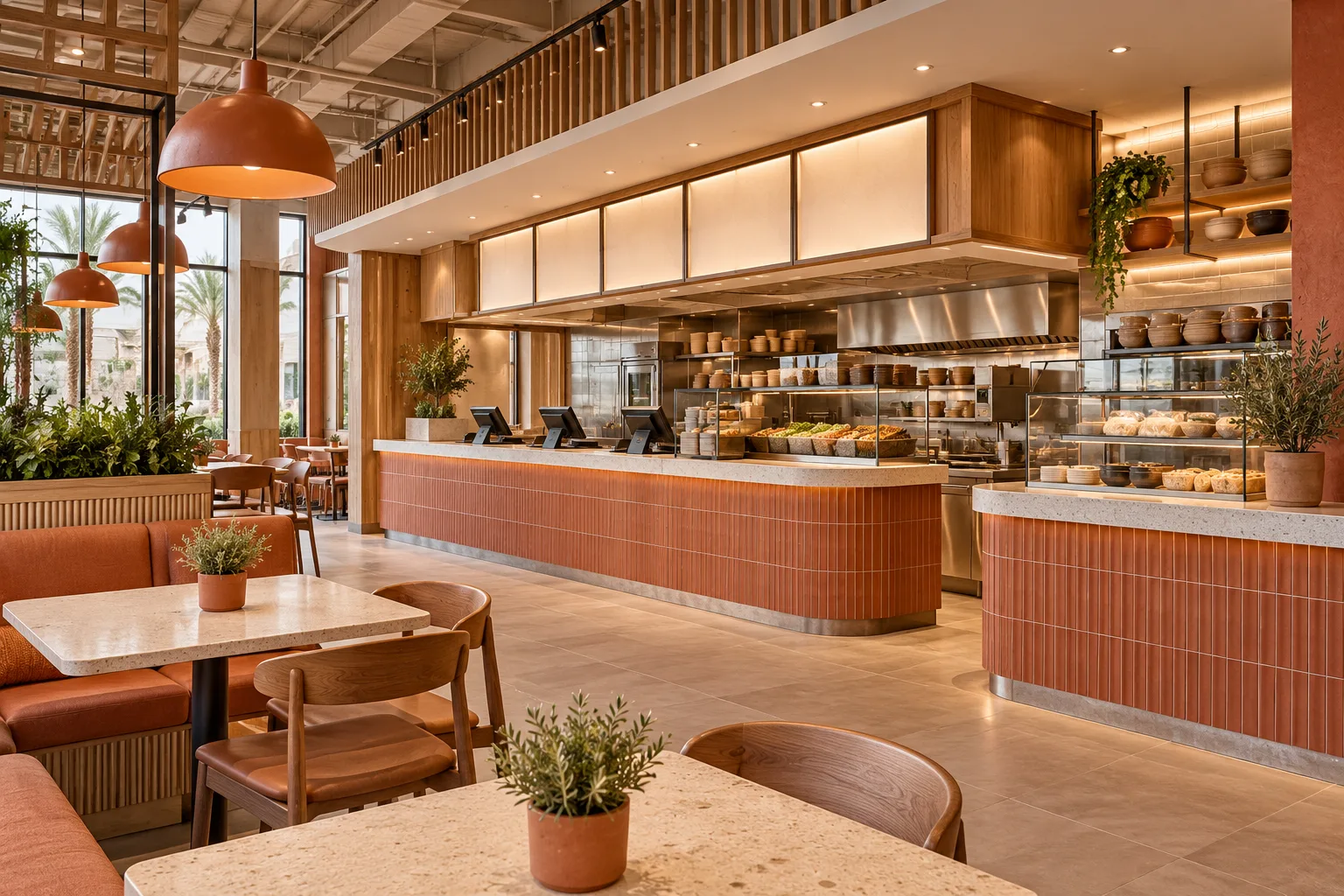 Concept quick-service restaurant with ordering and collection counters