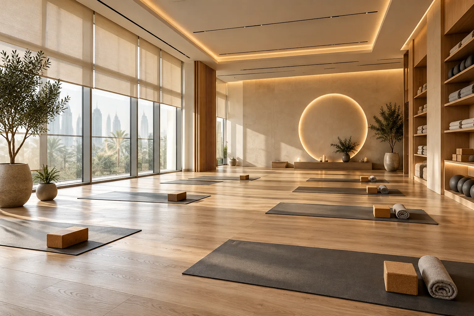 Concept yoga studio with spaced mats and clear circulation