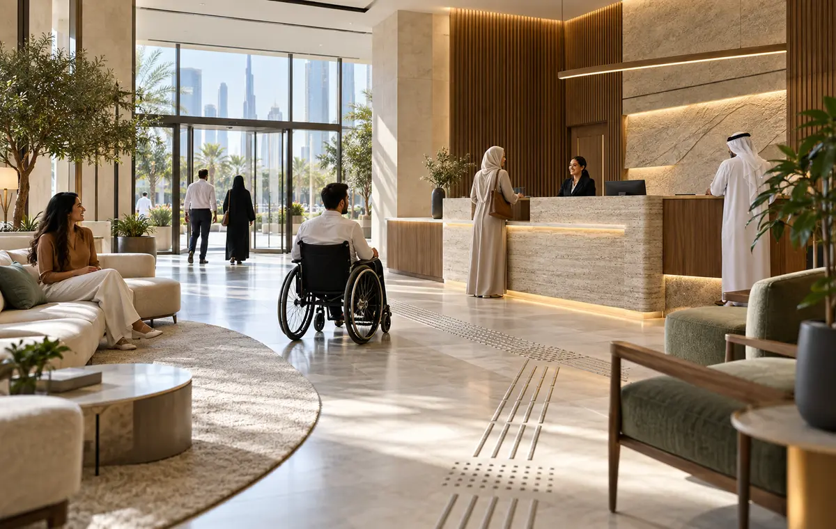 Accessible Dubai commercial interior with step-free route, clear circulation and inclusive reception counter